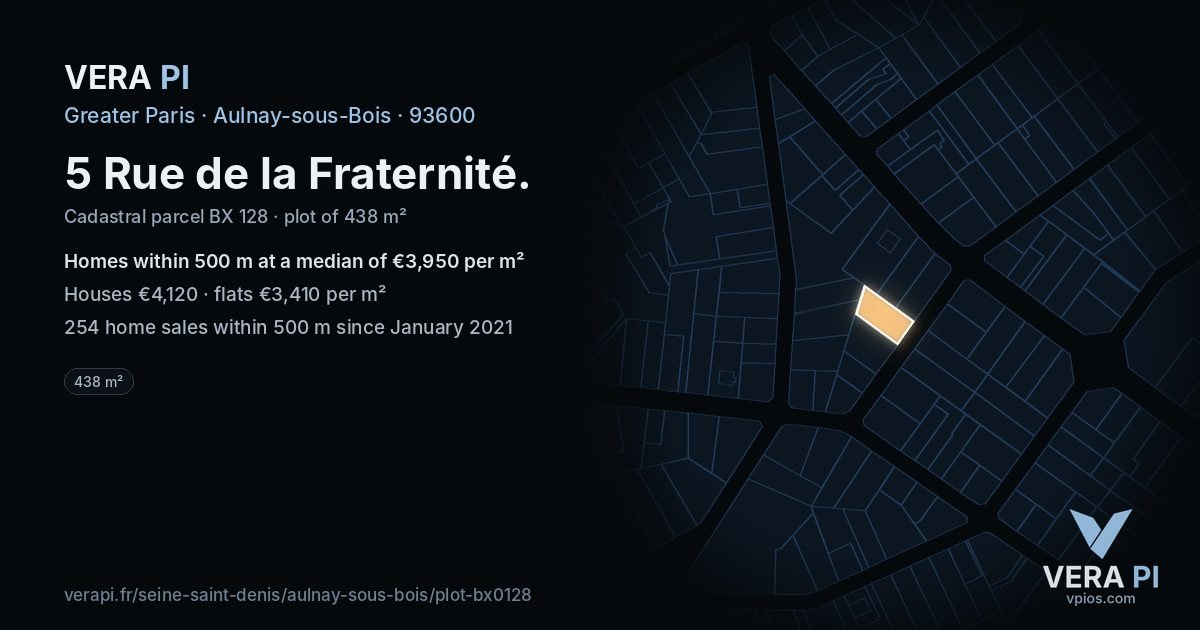 5 Rue de la Fraternité, Aulnay-sous-Bois at night – the plot lit, the parcels around coloured by the prices near them
