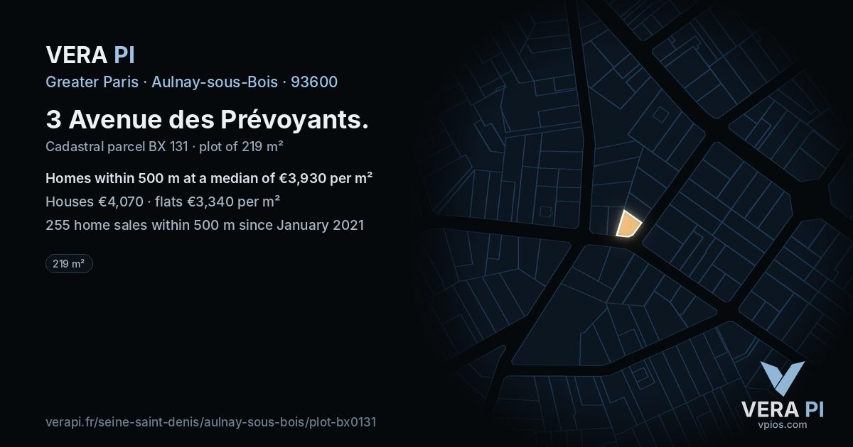3 Avenue des Prévoyants, Aulnay-sous-Bois at night – the plot lit, the parcels around coloured by the prices near them