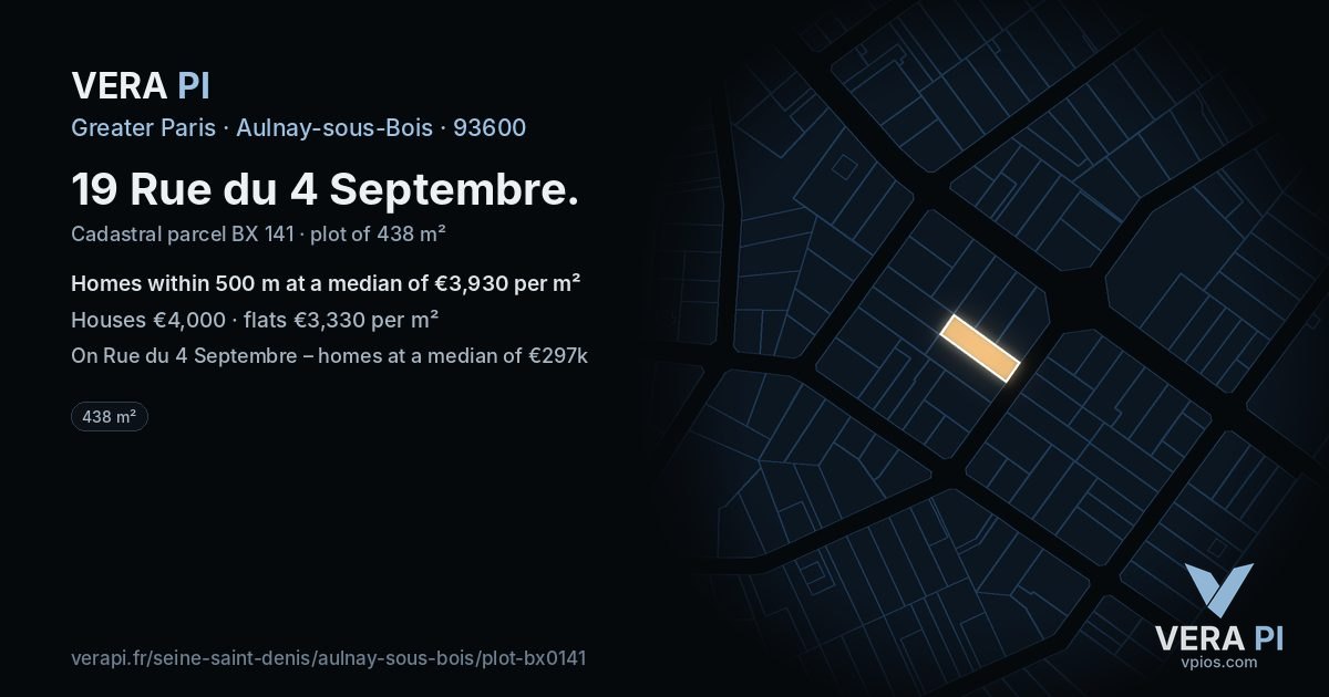 19 Rue du 4 Septembre, Aulnay-sous-Bois at night – the plot lit, the parcels around coloured by the prices near them
