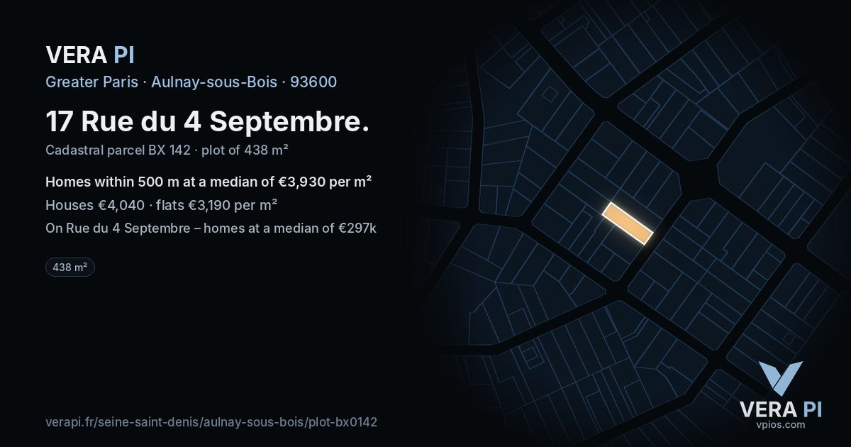 17 Rue du 4 Septembre, Aulnay-sous-Bois at night – the plot lit, the parcels around coloured by the prices near them