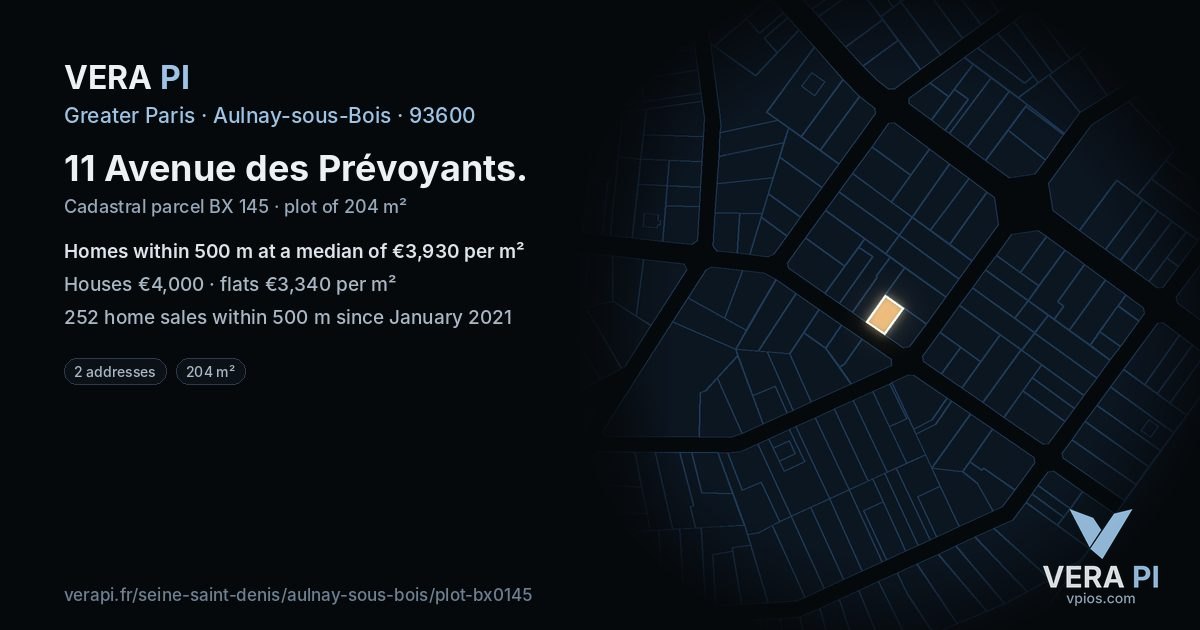 11 Avenue des Prévoyants, Aulnay-sous-Bois at night – the plot lit, the parcels around coloured by the prices near them