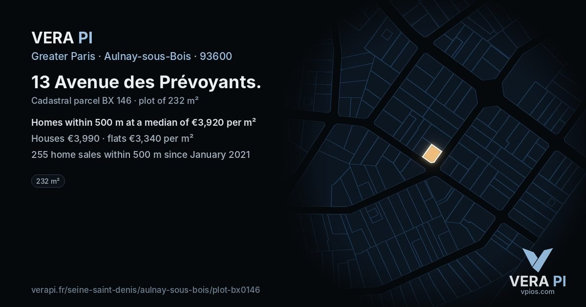 13 Avenue des Prévoyants, Aulnay-sous-Bois at night – the plot lit, the parcels around coloured by the prices near them