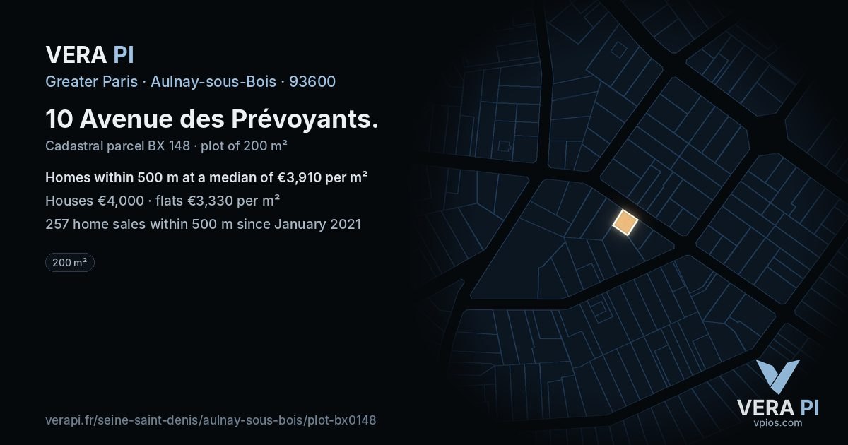 10 Avenue des Prévoyants, Aulnay-sous-Bois at night – the plot lit, the parcels around coloured by the prices near them