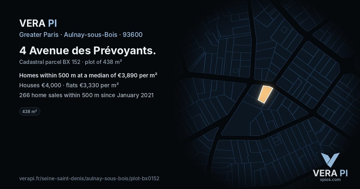 4 Avenue des Prévoyants, Aulnay-sous-Bois at night – the plot lit, the parcels around coloured by the prices near them