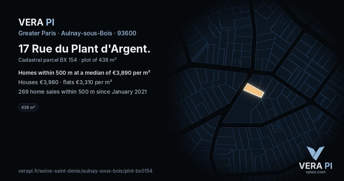 17 Rue du Plant d'Argent, Aulnay-sous-Bois at night – the plot lit, the parcels around coloured by the prices near them