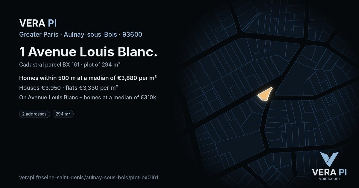 1 Avenue Louis Blanc, Aulnay-sous-Bois at night – the plot lit, the parcels around coloured by the prices near them