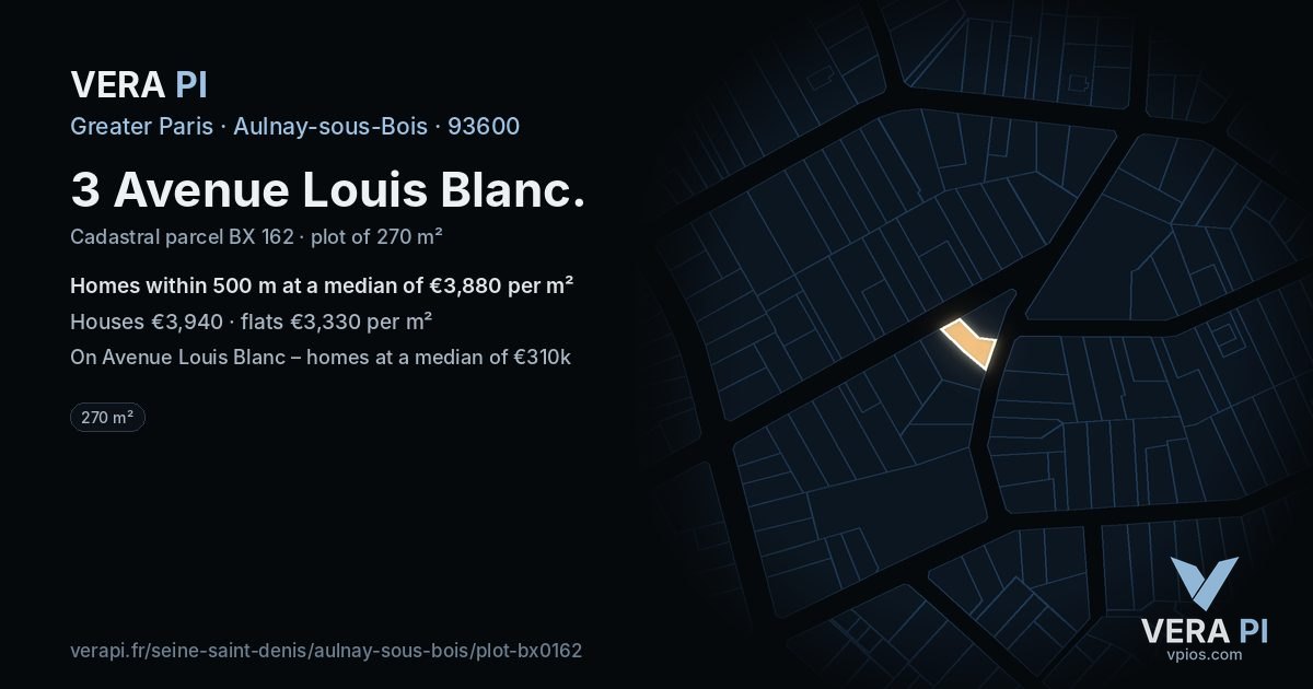 3 Avenue Louis Blanc, Aulnay-sous-Bois at night – the plot lit, the parcels around coloured by the prices near them