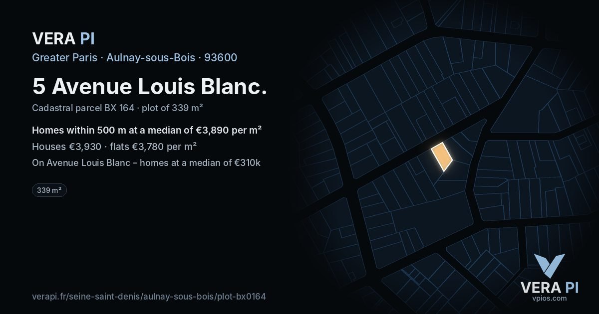 5 Avenue Louis Blanc, Aulnay-sous-Bois at night – the plot lit, the parcels around coloured by the prices near them