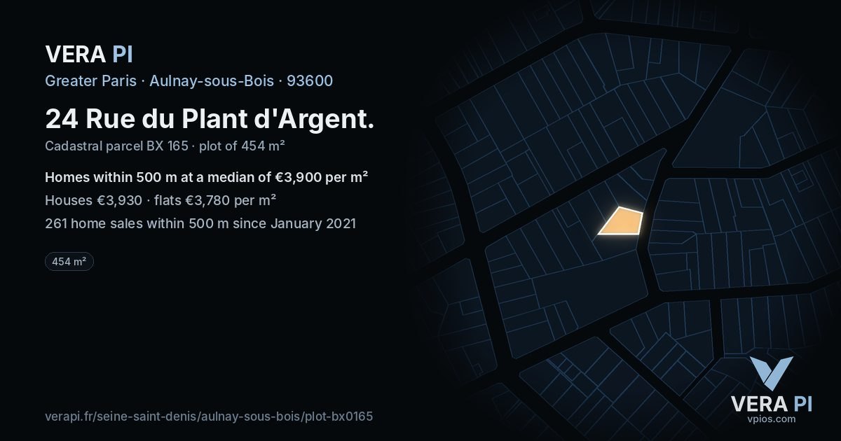24 Rue du Plant d'Argent, Aulnay-sous-Bois at night – the plot lit, the parcels around coloured by the prices near them