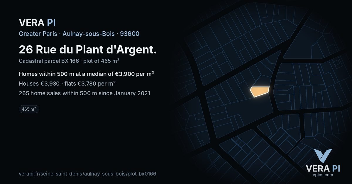26 Rue du Plant d'Argent, Aulnay-sous-Bois at night – the plot lit, the parcels around coloured by the prices near them