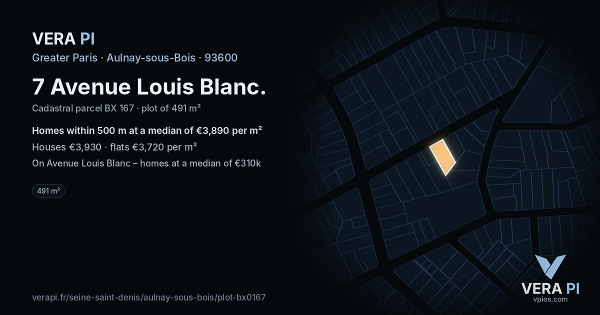 7 Avenue Louis Blanc, Aulnay-sous-Bois at night – the plot lit, the parcels around coloured by the prices near them