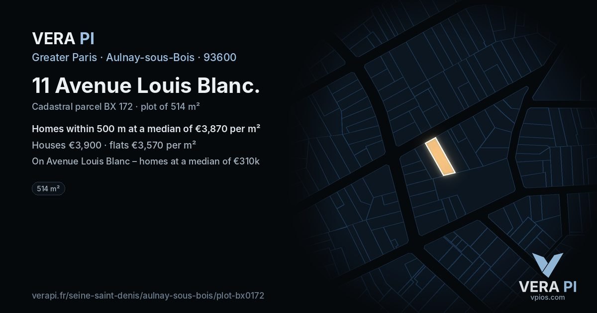 11 Avenue Louis Blanc, Aulnay-sous-Bois at night – the plot lit, the parcels around coloured by the prices near them