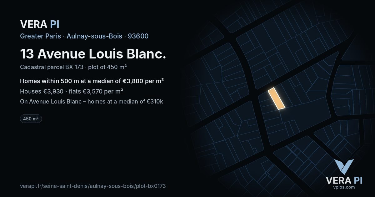 13 Avenue Louis Blanc, Aulnay-sous-Bois at night – the plot lit, the parcels around coloured by the prices near them