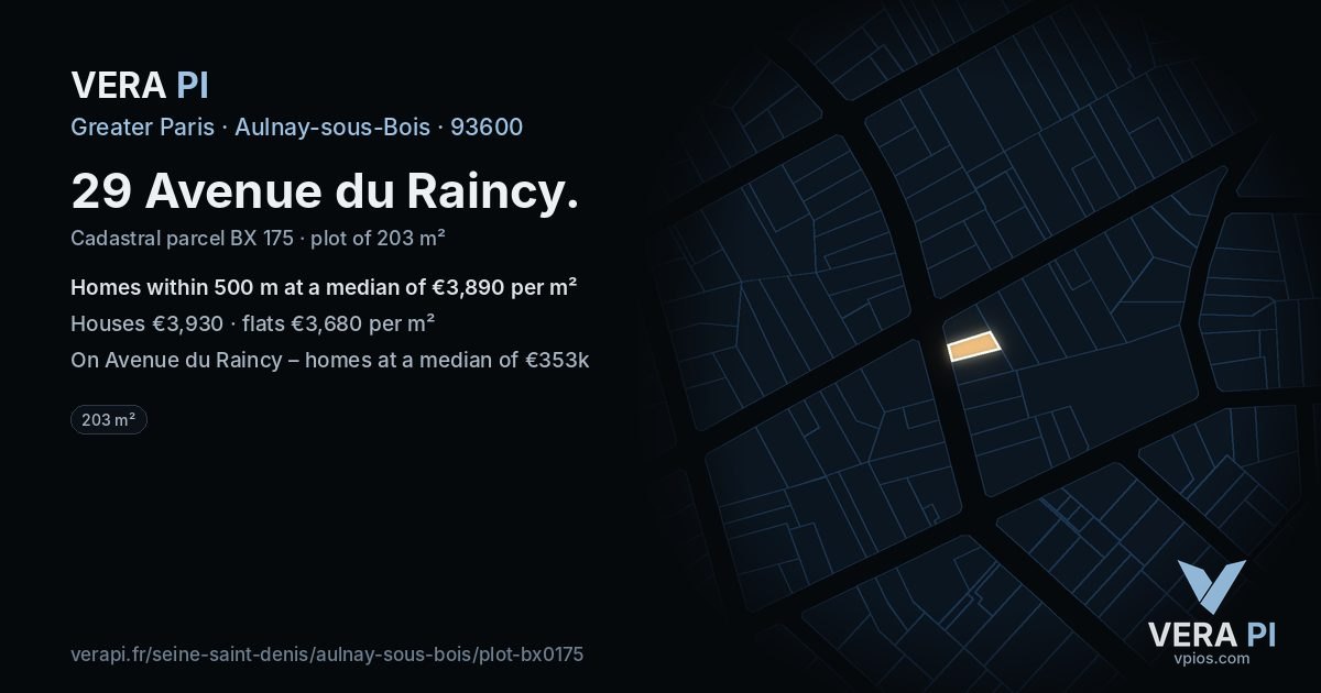29 Avenue du Raincy, Aulnay-sous-Bois at night – the plot lit, the parcels around coloured by the prices near them