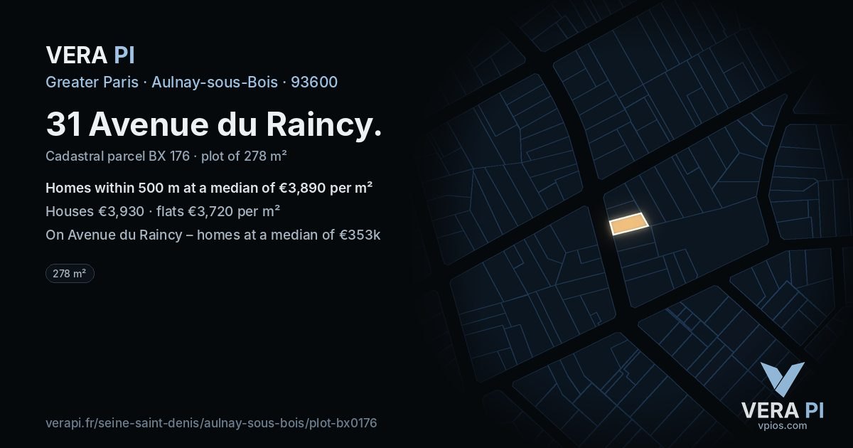 31 Avenue du Raincy, Aulnay-sous-Bois at night – the plot lit, the parcels around coloured by the prices near them