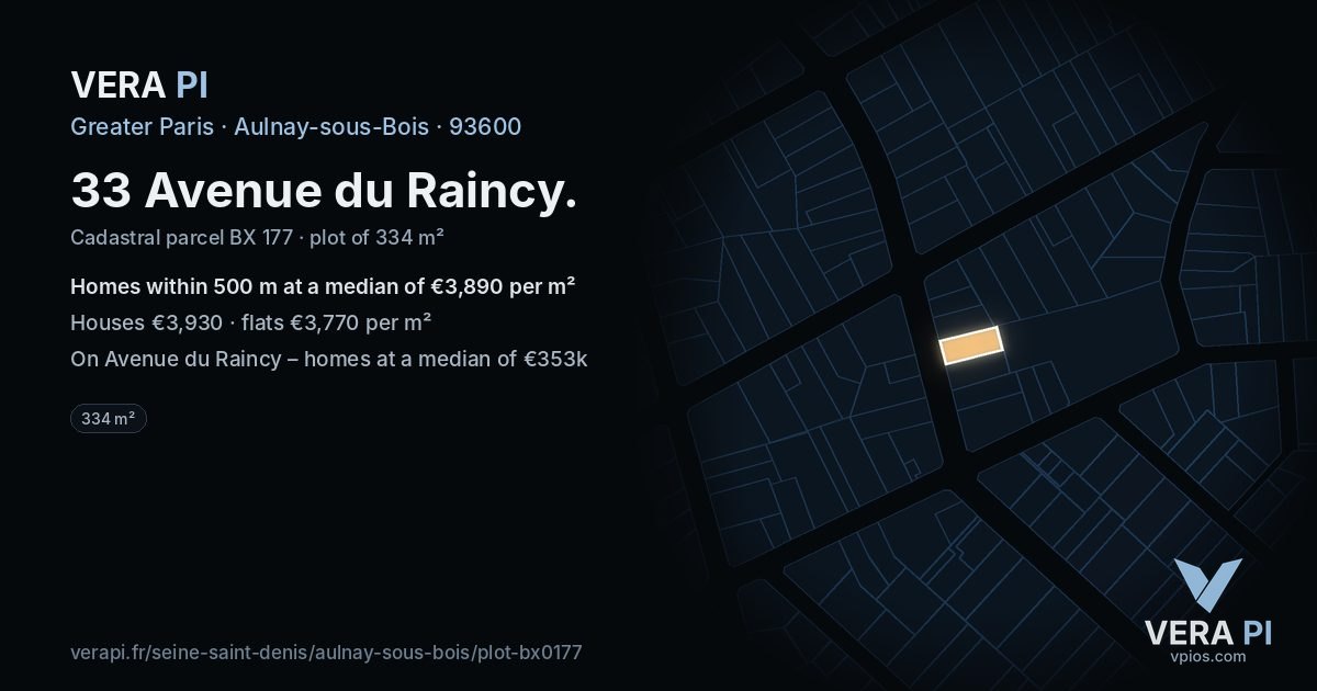 33 Avenue du Raincy, Aulnay-sous-Bois at night – the plot lit, the parcels around coloured by the prices near them