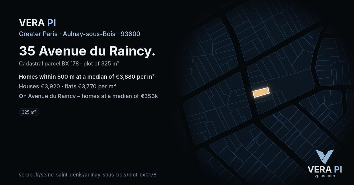 35 Avenue du Raincy, Aulnay-sous-Bois at night – the plot lit, the parcels around coloured by the prices near them