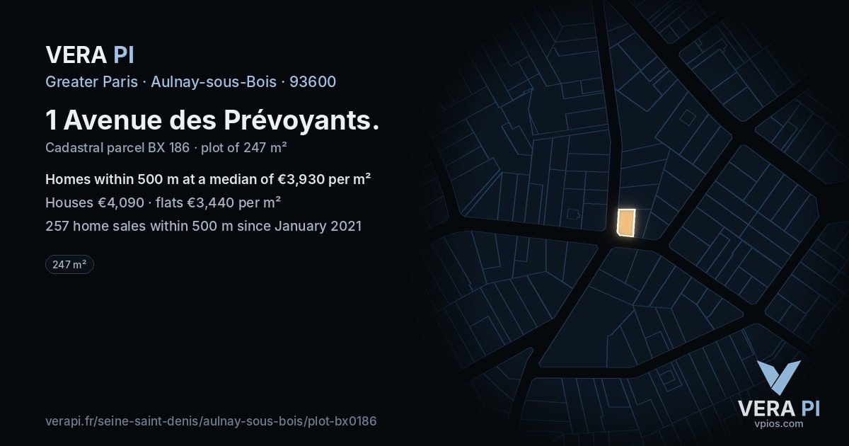 1 Avenue des Prévoyants, Aulnay-sous-Bois at night – the plot lit, the parcels around coloured by the prices near them