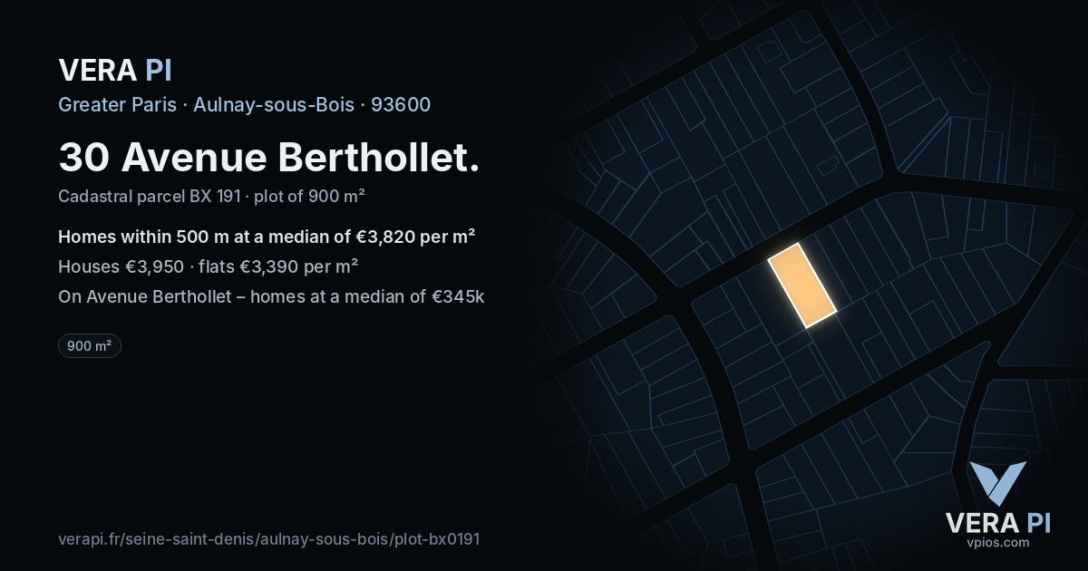 30 Avenue Berthollet, Aulnay-sous-Bois at night – the plot lit, the parcels around coloured by the prices near them