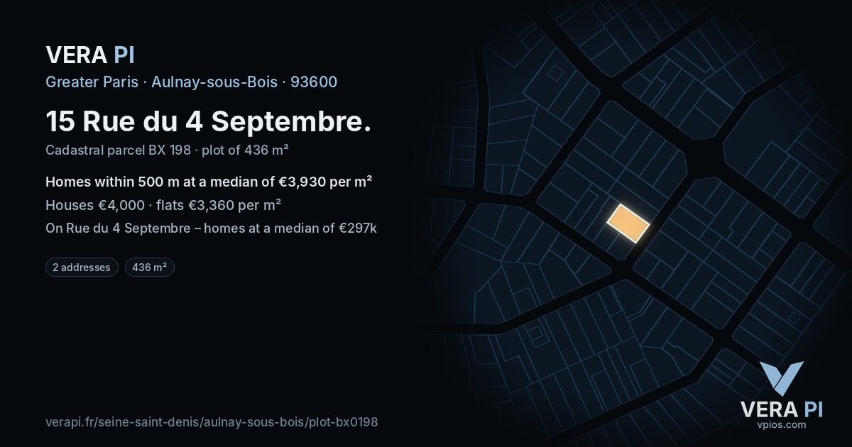 15 Rue du 4 Septembre, Aulnay-sous-Bois at night – the plot lit, the parcels around coloured by the prices near them