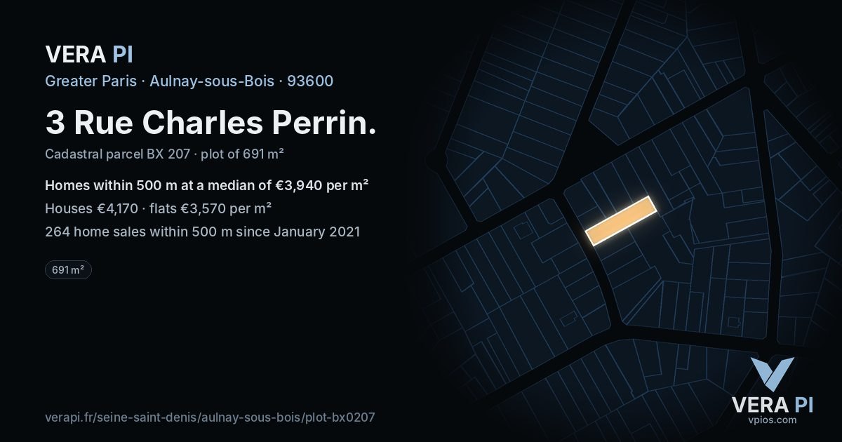3 Rue Charles Perrin, Aulnay-sous-Bois at night – the plot lit, the parcels around coloured by the prices near them