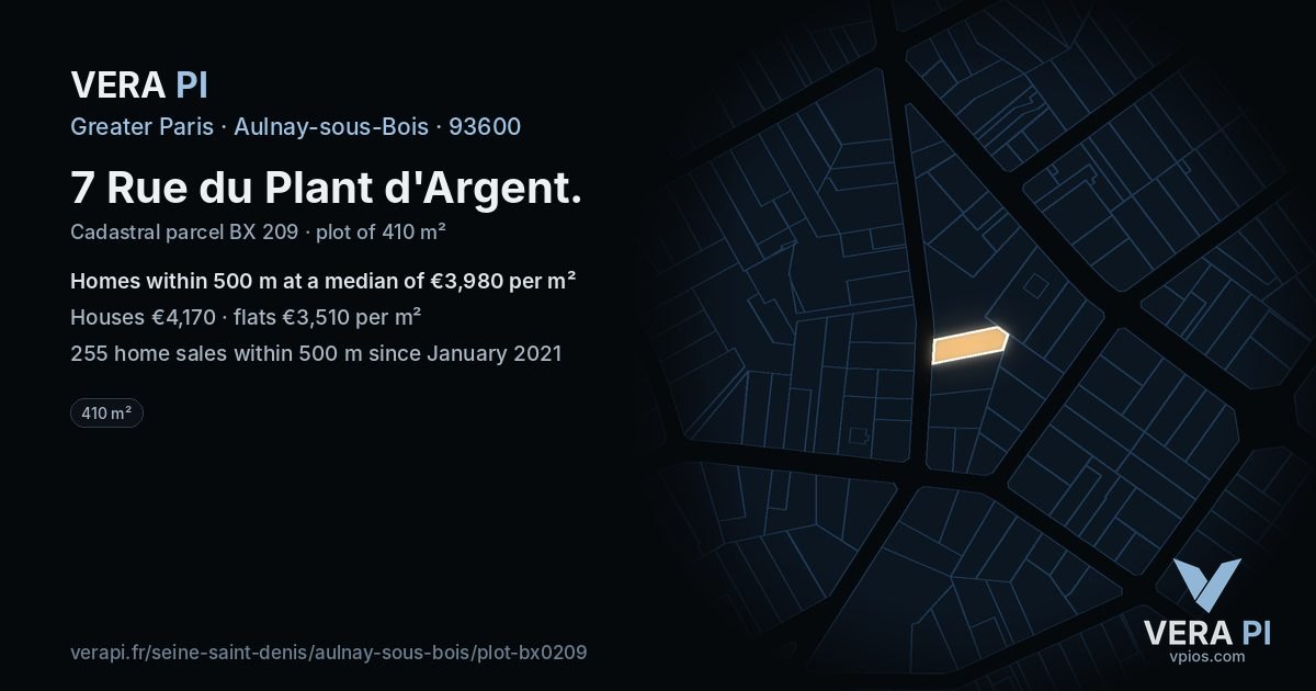 7 Rue du Plant d'Argent, Aulnay-sous-Bois at night – the plot lit, the parcels around coloured by the prices near them