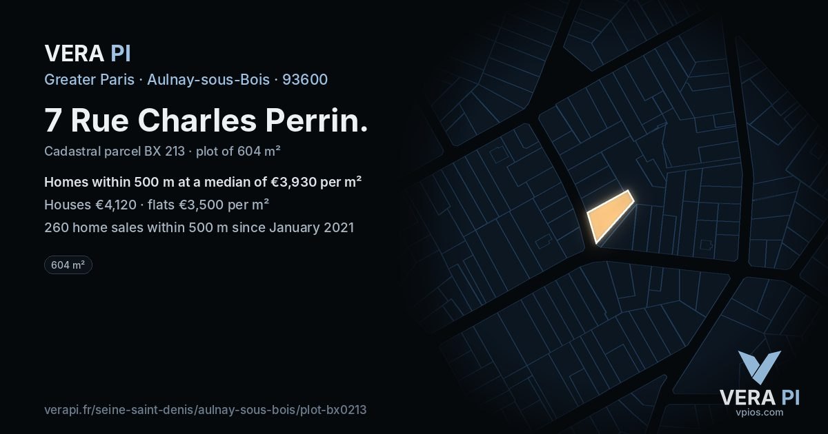 7 Rue Charles Perrin, Aulnay-sous-Bois at night – the plot lit, the parcels around coloured by the prices near them