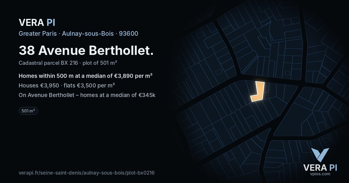 38 Avenue Berthollet, Aulnay-sous-Bois at night – the plot lit, the parcels around coloured by the prices near them