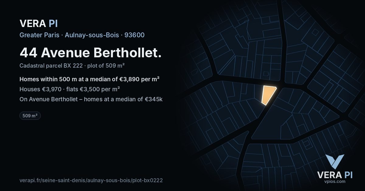 44 Avenue Berthollet, Aulnay-sous-Bois at night – the plot lit, the parcels around coloured by the prices near them