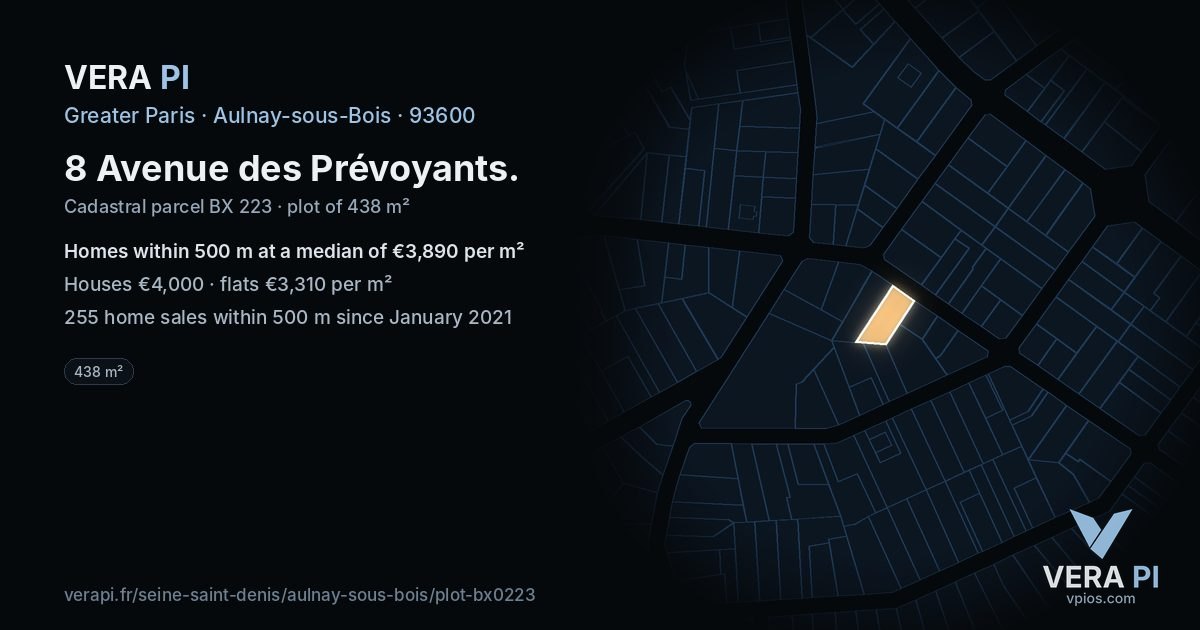 8 Avenue des Prévoyants, Aulnay-sous-Bois at night – the plot lit, the parcels around coloured by the prices near them
