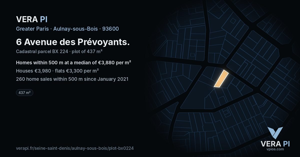 6 Avenue des Prévoyants, Aulnay-sous-Bois at night – the plot lit, the parcels around coloured by the prices near them
