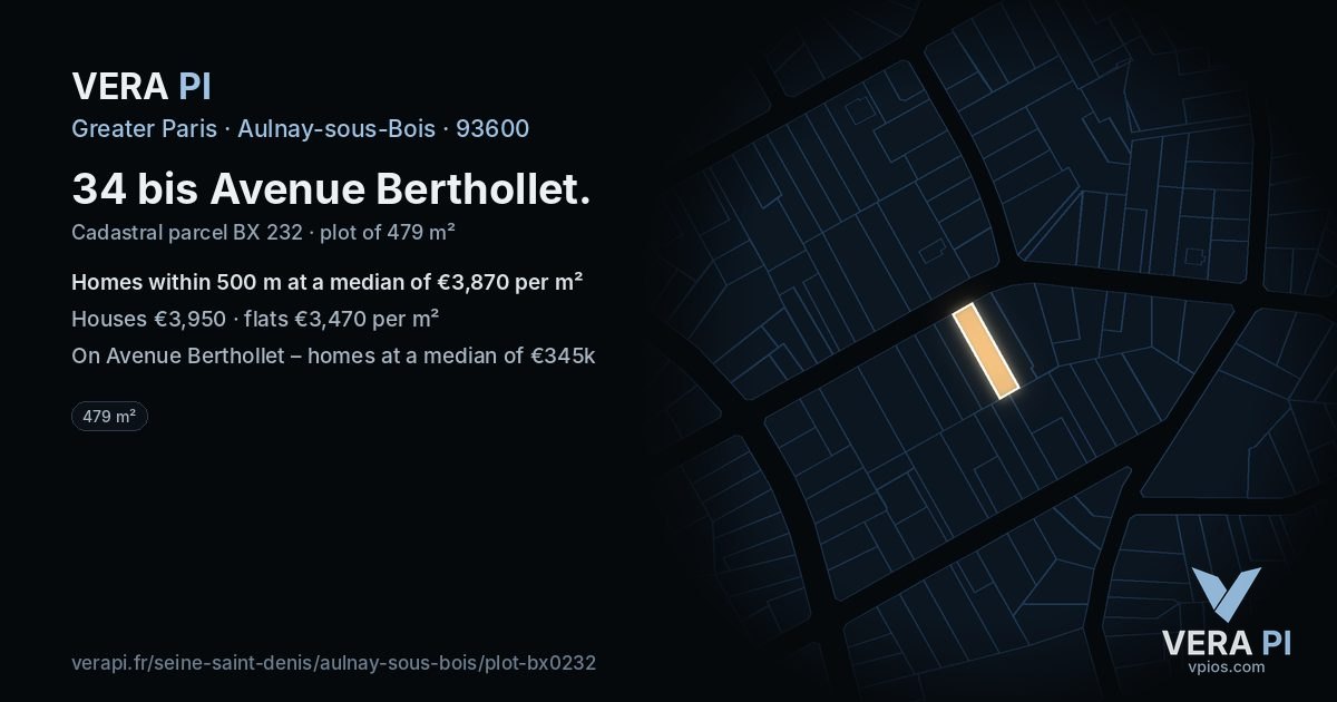 34 bis Avenue Berthollet, Aulnay-sous-Bois at night – the plot lit, the parcels around coloured by the prices near them