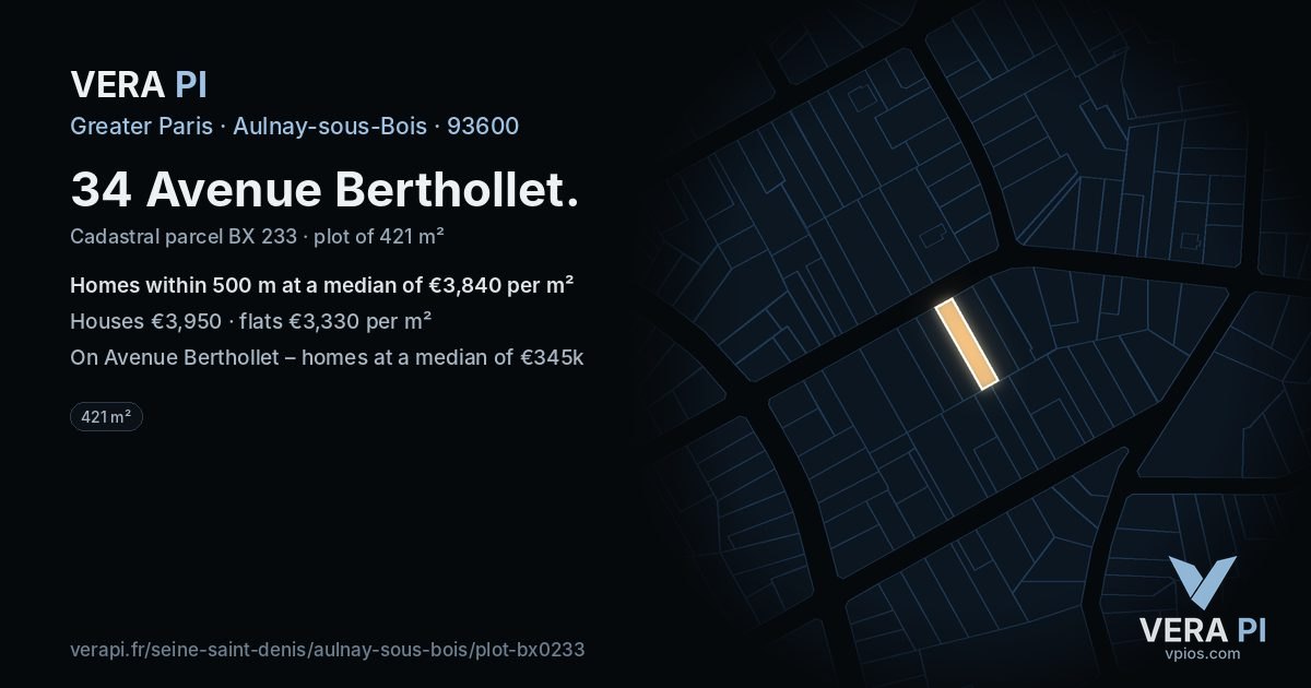 34 Avenue Berthollet, Aulnay-sous-Bois at night – the plot lit, the parcels around coloured by the prices near them
