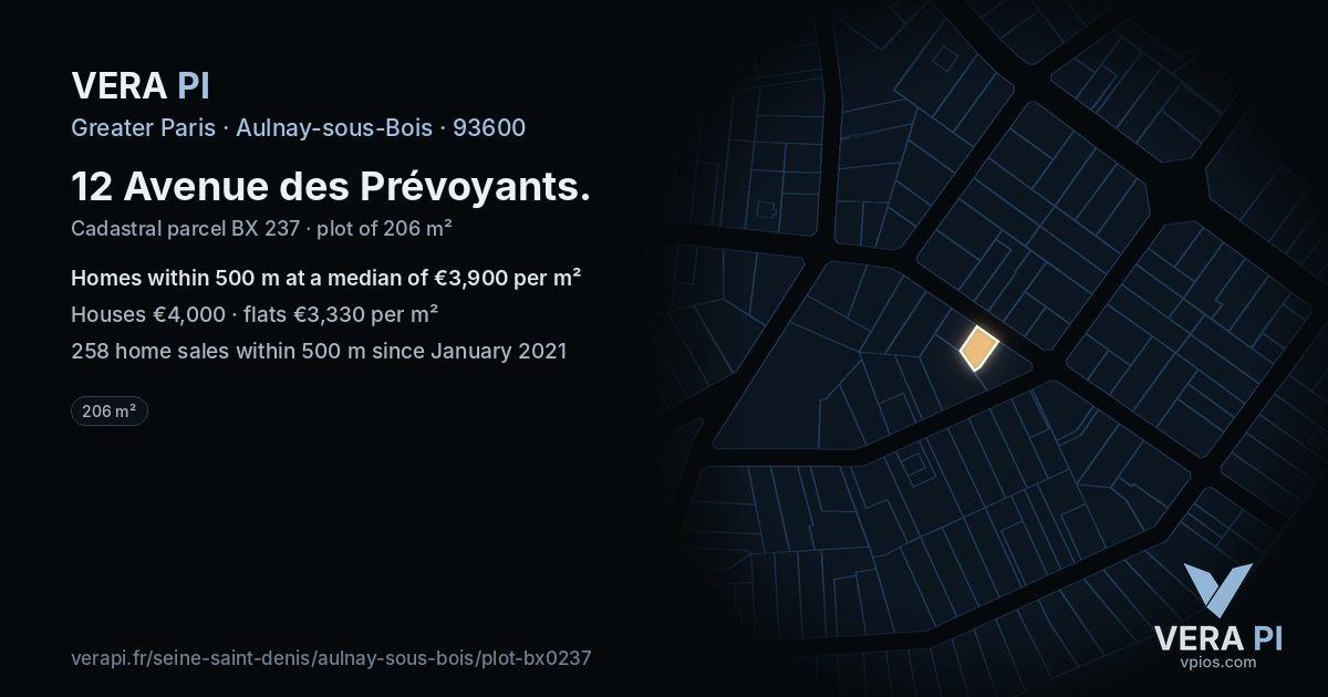 12 Avenue des Prévoyants, Aulnay-sous-Bois at night – the plot lit, the parcels around coloured by the prices near them