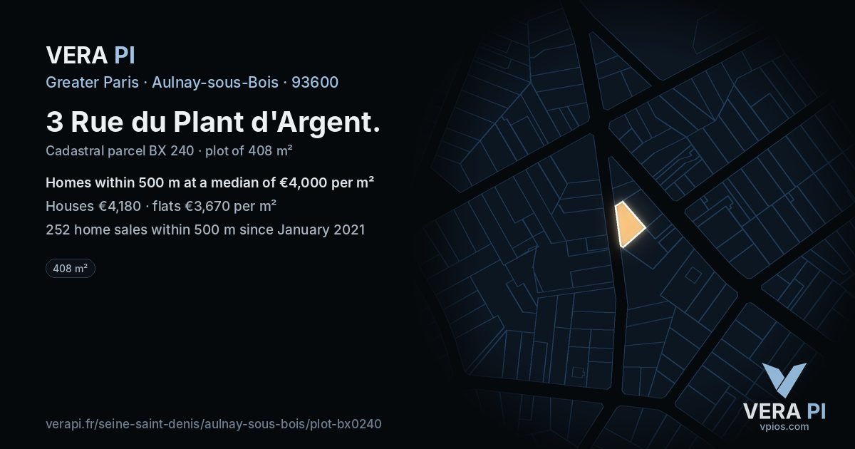 3 Rue du Plant d'Argent, Aulnay-sous-Bois at night – the plot lit, the parcels around coloured by the prices near them