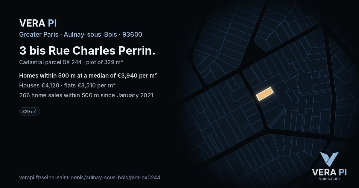 3 bis Rue Charles Perrin, Aulnay-sous-Bois at night – the plot lit, the parcels around coloured by the prices near them