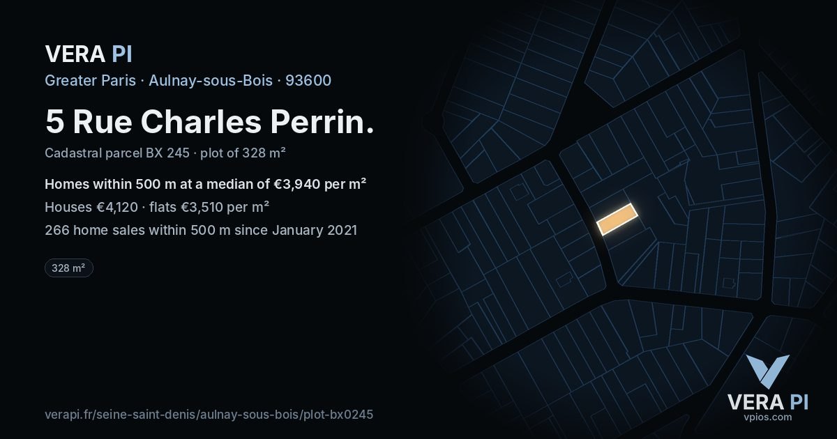 5 Rue Charles Perrin, Aulnay-sous-Bois at night – the plot lit, the parcels around coloured by the prices near them