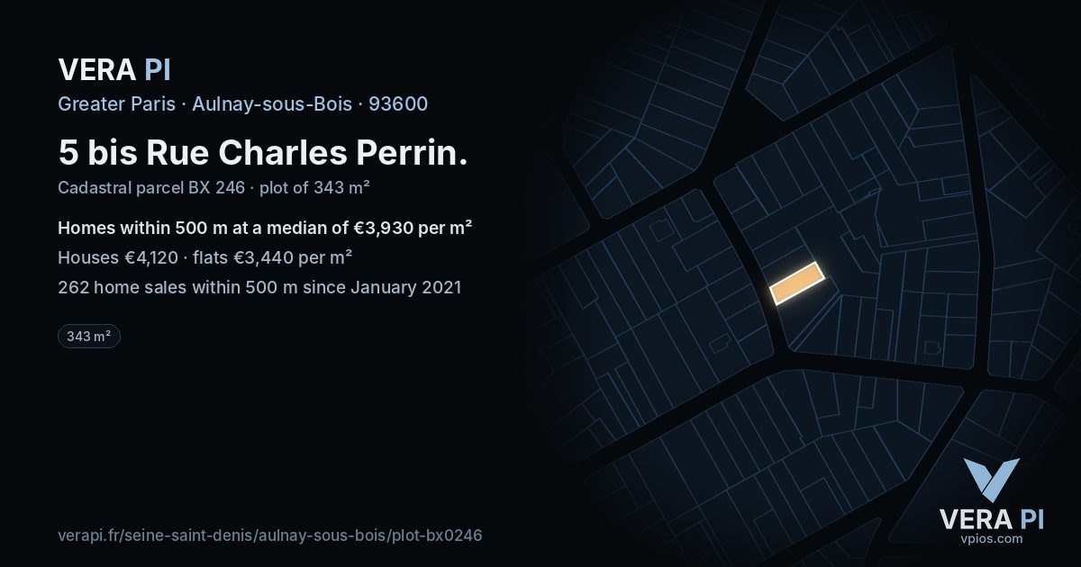 5 bis Rue Charles Perrin, Aulnay-sous-Bois at night – the plot lit, the parcels around coloured by the prices near them