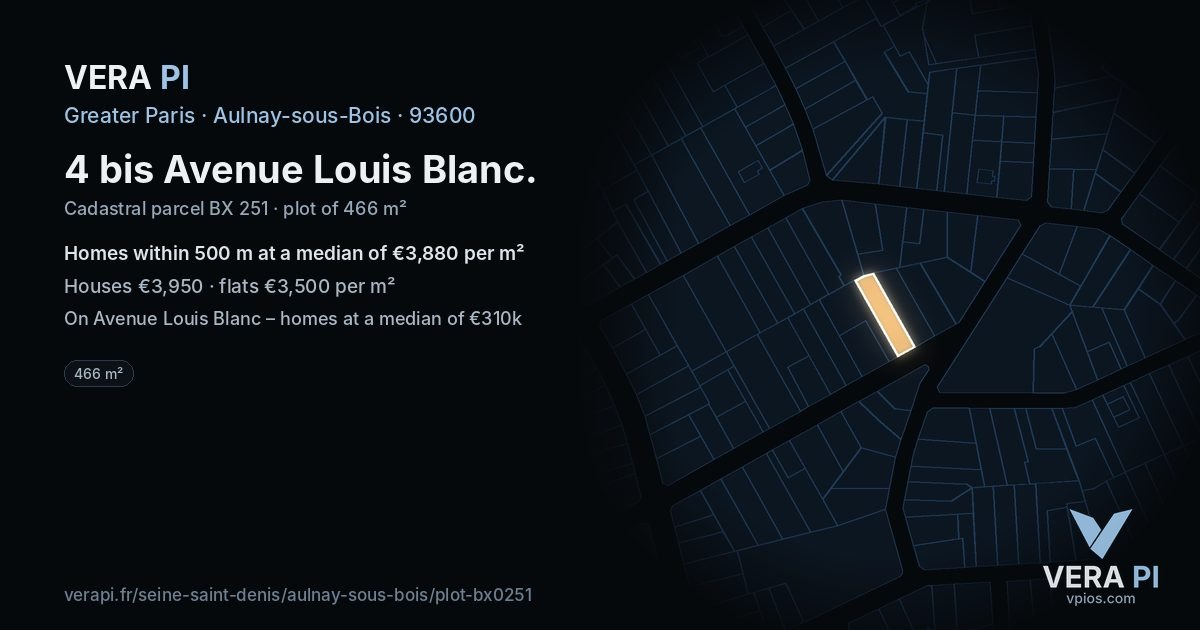 4 bis Avenue Louis Blanc, Aulnay-sous-Bois at night – the plot lit, the parcels around coloured by the prices near them