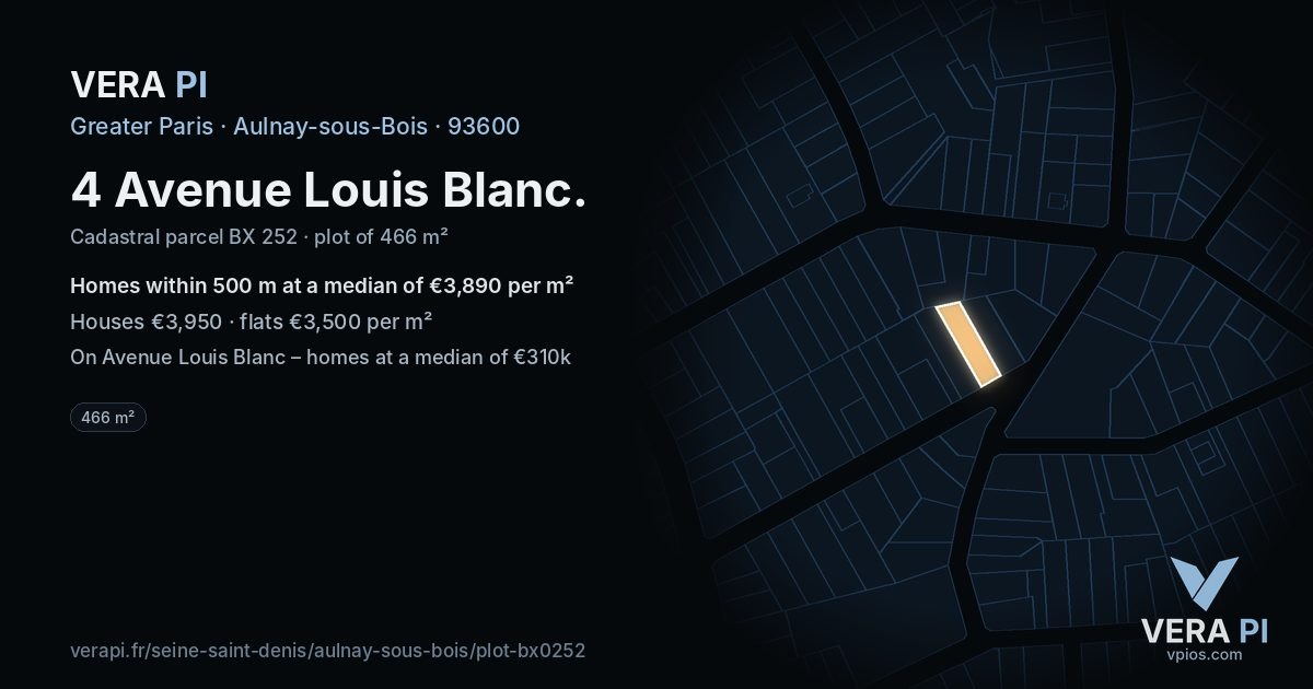 4 Avenue Louis Blanc, Aulnay-sous-Bois at night – the plot lit, the parcels around coloured by the prices near them
