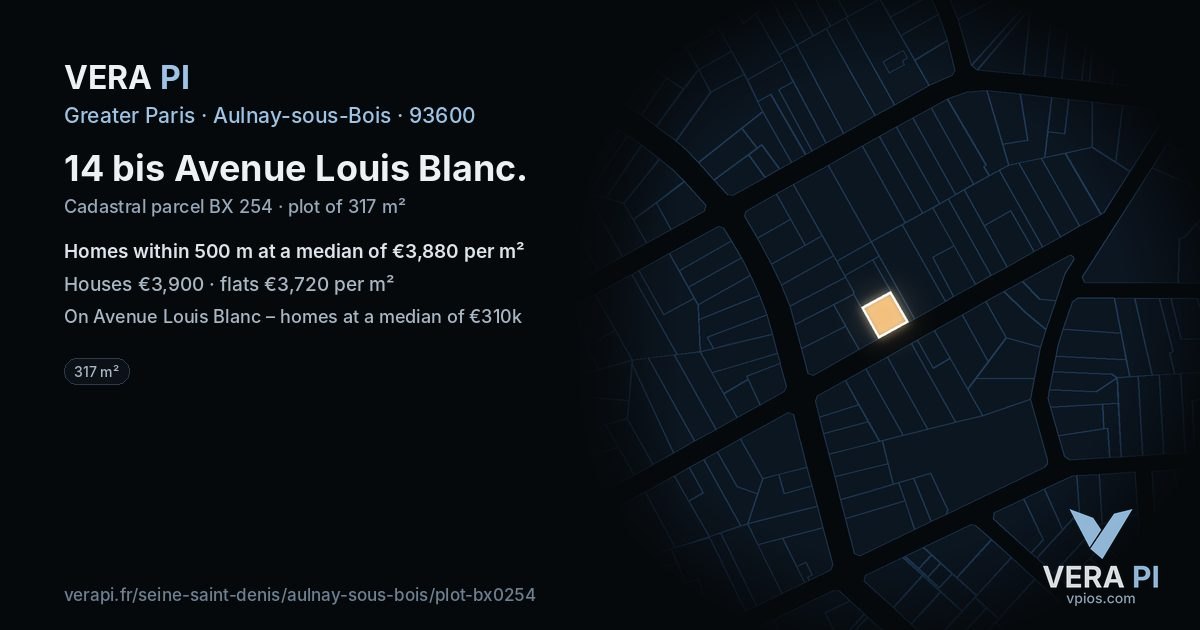 14 bis Avenue Louis Blanc, Aulnay-sous-Bois at night – the plot lit, the parcels around coloured by the prices near them