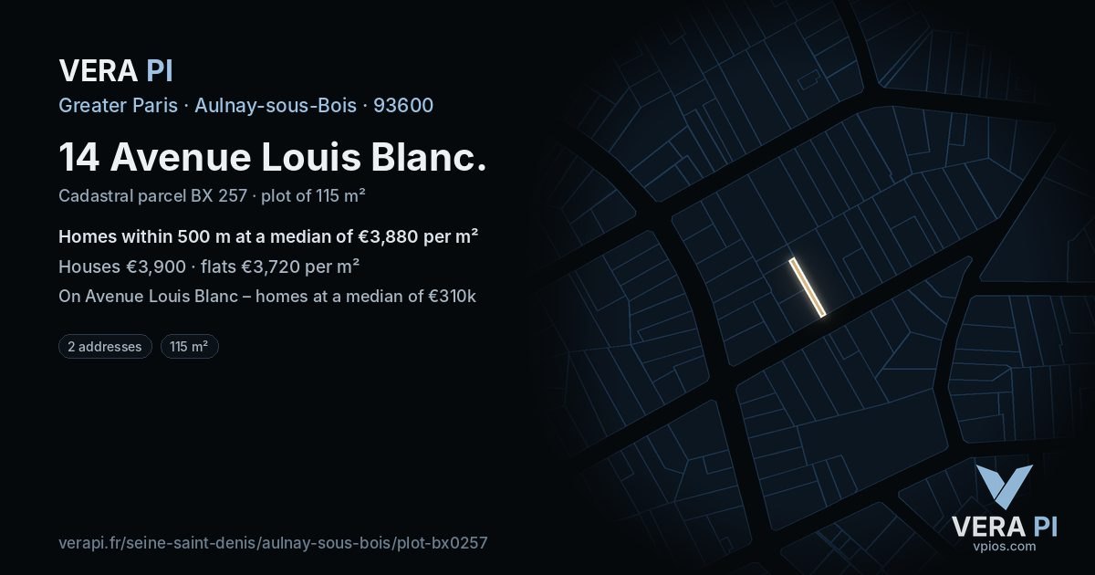 14 Avenue Louis Blanc, Aulnay-sous-Bois at night – the plot lit, the parcels around coloured by the prices near them