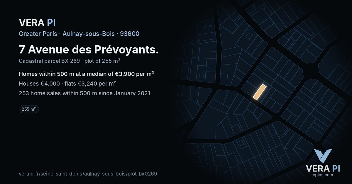 7 Avenue des Prévoyants, Aulnay-sous-Bois at night – the plot lit, the parcels around coloured by the prices near them