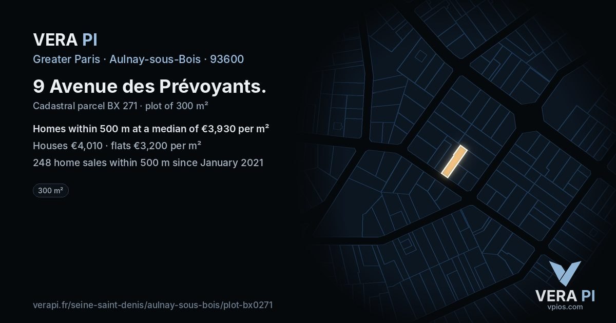 9 Avenue des Prévoyants, Aulnay-sous-Bois at night – the plot lit, the parcels around coloured by the prices near them