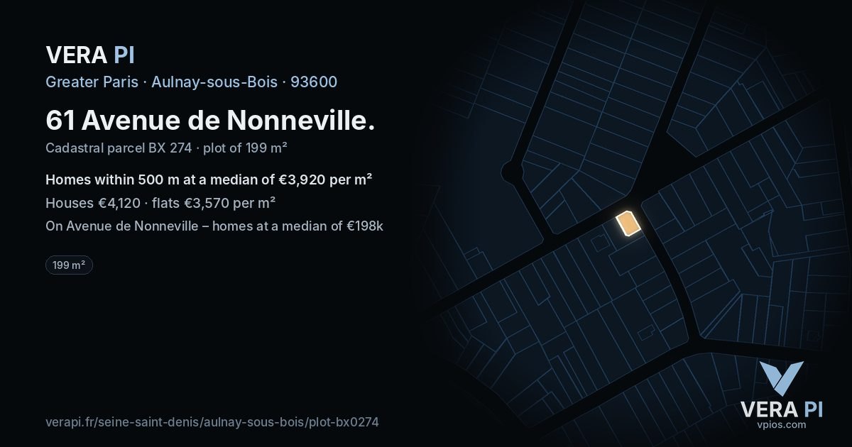 61 Avenue de Nonneville, Aulnay-sous-Bois at night – the plot lit, the parcels around coloured by the prices near them