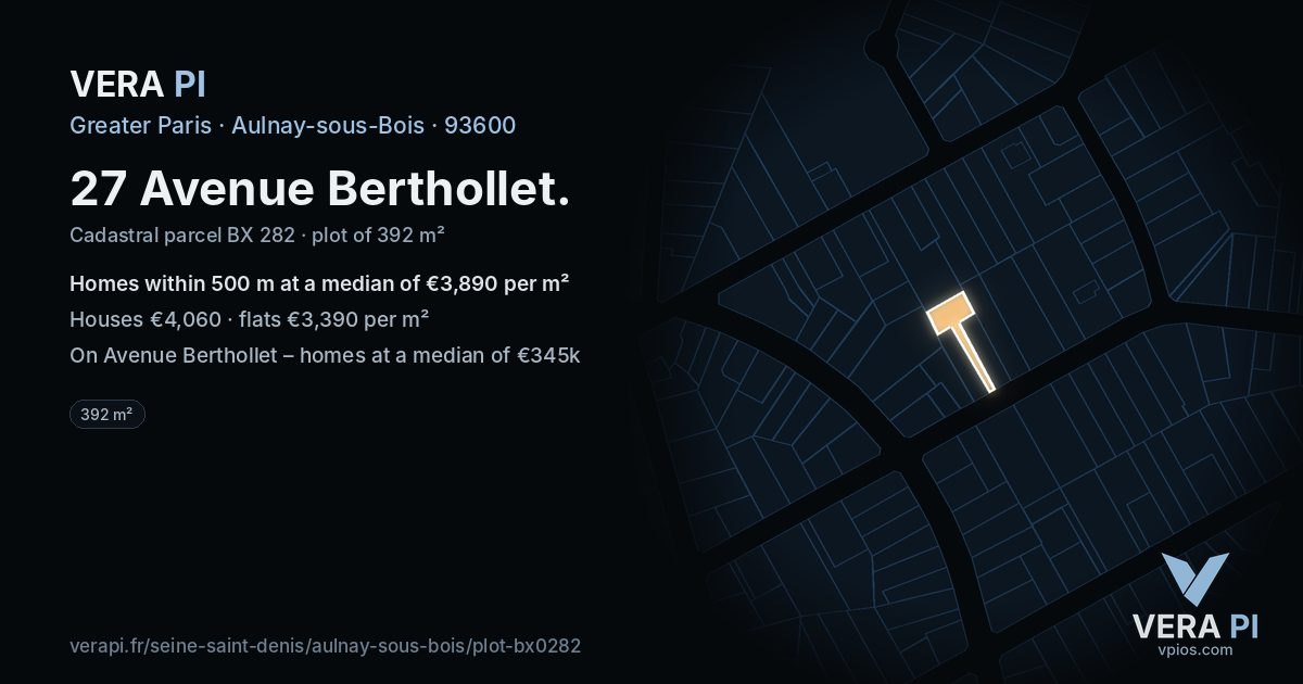 27 Avenue Berthollet, Aulnay-sous-Bois at night – the plot lit, the parcels around coloured by the prices near them