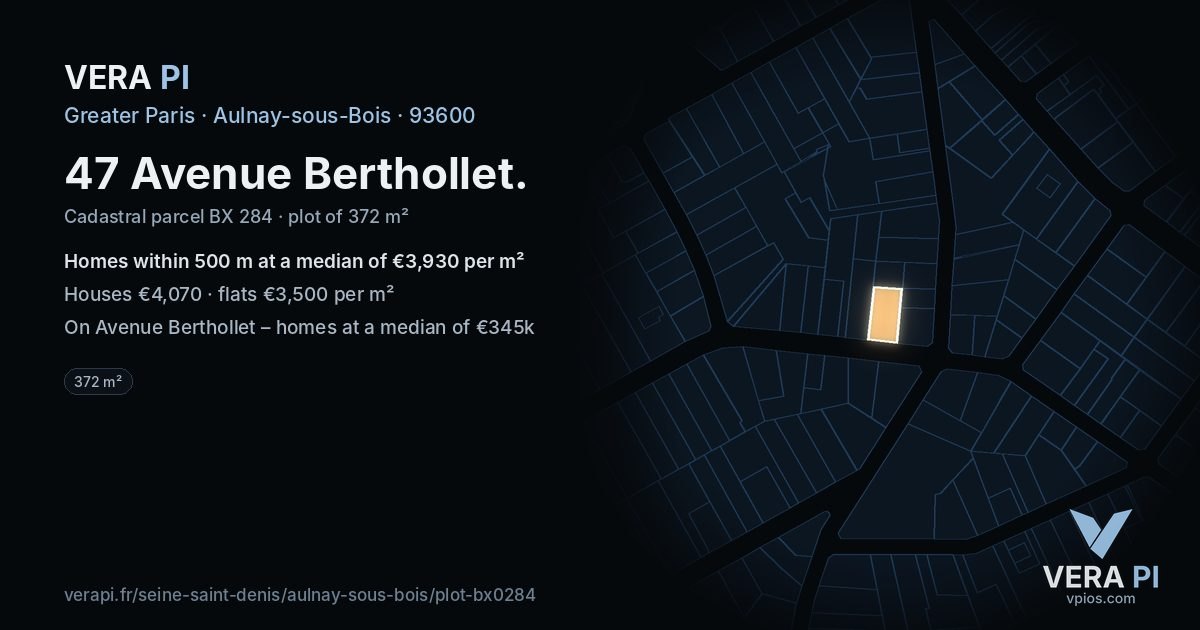 47 Avenue Berthollet, Aulnay-sous-Bois at night – the plot lit, the parcels around coloured by the prices near them
