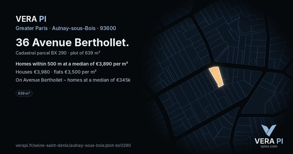 36 Avenue Berthollet, Aulnay-sous-Bois at night – the plot lit, the parcels around coloured by the prices near them