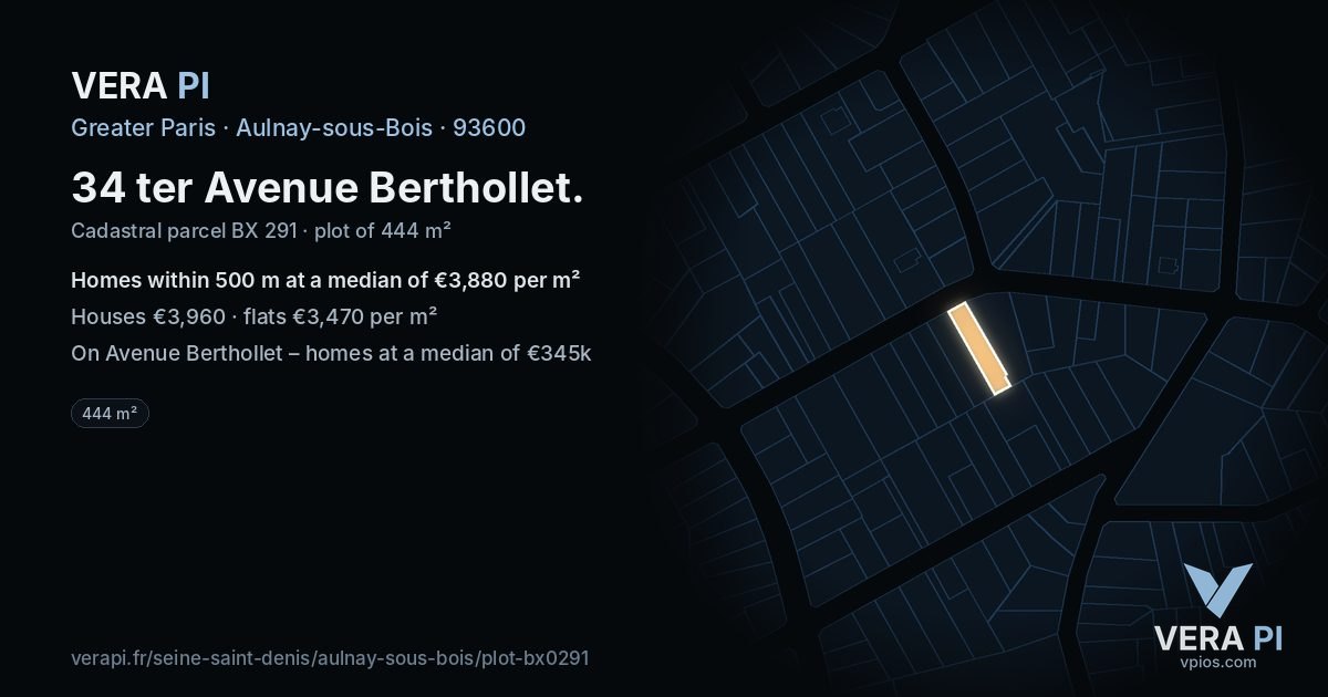34 ter Avenue Berthollet, Aulnay-sous-Bois at night – the plot lit, the parcels around coloured by the prices near them