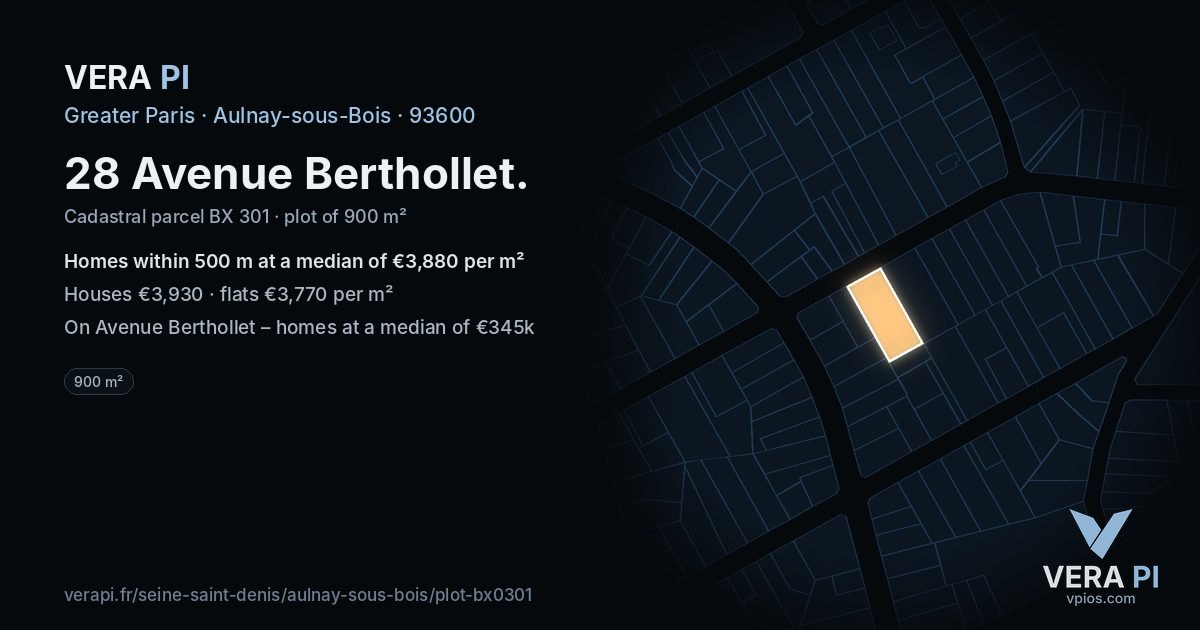 28 Avenue Berthollet, Aulnay-sous-Bois at night – the plot lit, the parcels around coloured by the prices near them